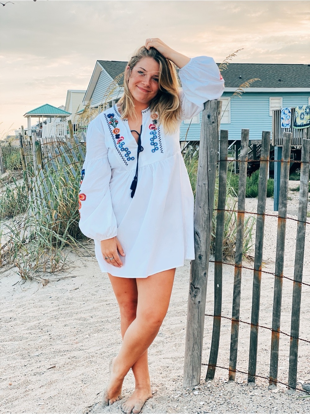 White Embroidered Boho Tunic with Tassels | Beach Cover Up - Picture 3 of 7